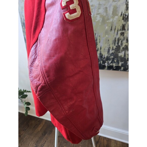 Vintage Men's Sz Large Red Varsity Letterman Leather Sleeves Bomber Jacket Coat - Picture 11 of 16